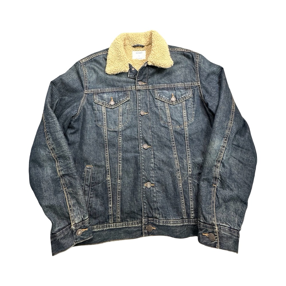 Old Navy Denim Jacket Mens L Dark Wash Sherpa Lined Trucker Cotton Western